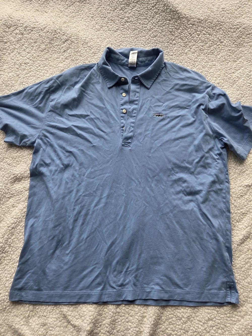 Patagonia Organic Cotton Fitz Roy Trout  Blue Polo Shirt with Button Placket XL